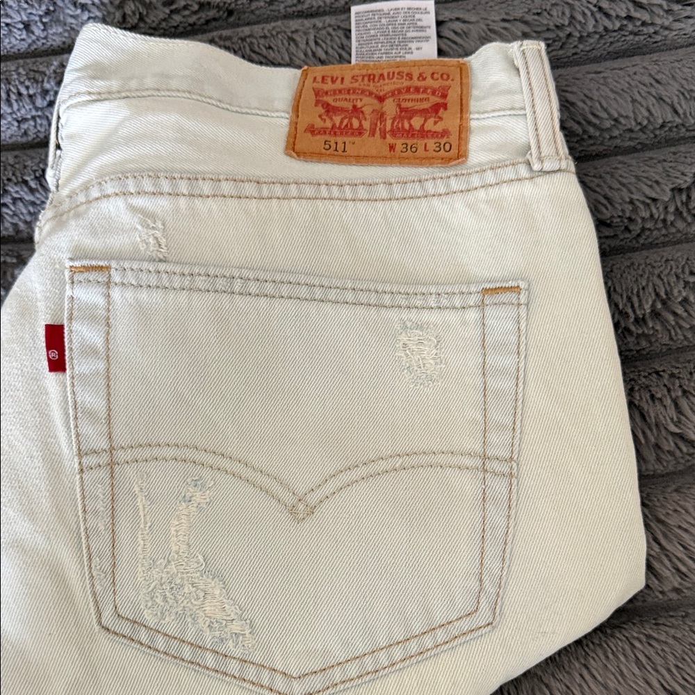 Levi's 511 White Denim Jeans with Tan Leather Patch
